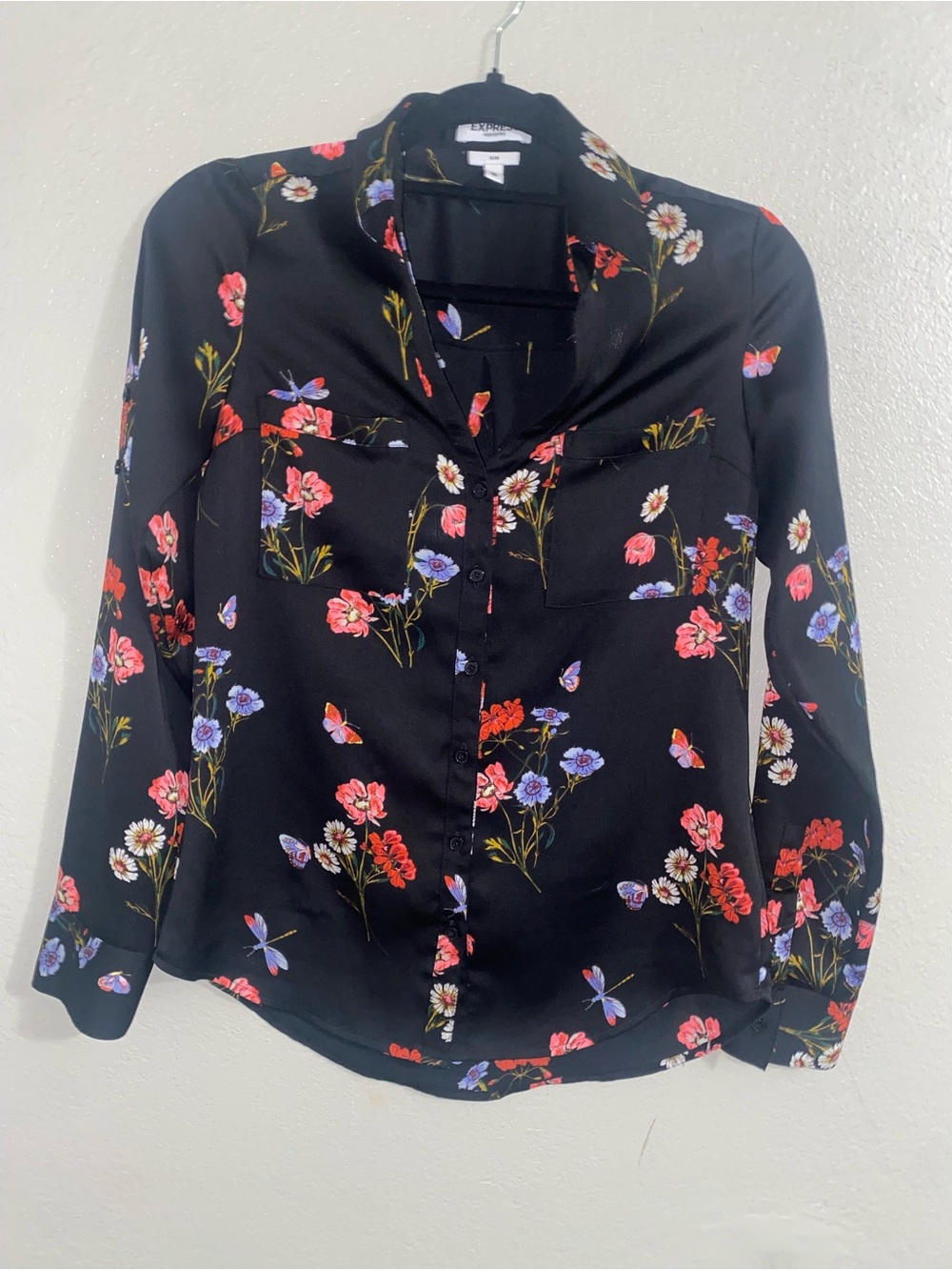 Express Black Button-Up Blouse with Red & Purple Floral Print